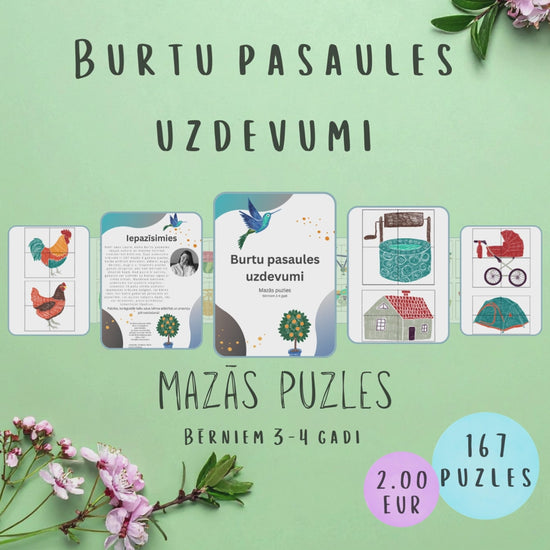Uzdevumu "Mazās puzles" video - 167 mazās 4 gabalu puzles, kurās attēloti dzīvnieki, ēdieni, augļi, dārzeņi, augi u.c. Griešana un līmēšana.