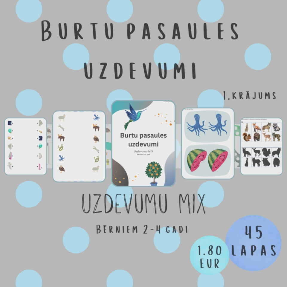 Uzdevumu MIX1 video - savienošanas uzdevumi, griešanas un līmēšanas uzdevumi, krāsu apguve, darbošanās ar plastilīnu, ēnu un atšķirību meklēšana.