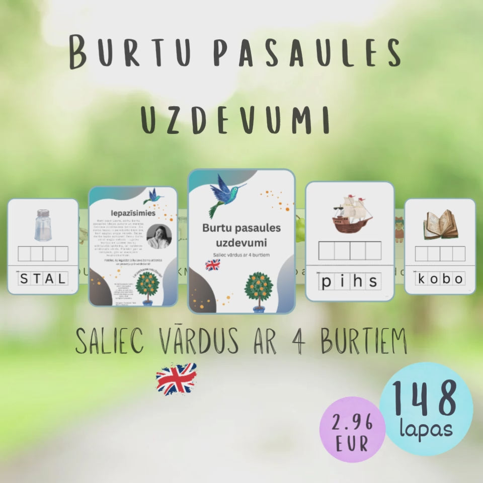 Četru burtu vārdi angļu valodā - izgriez burtus un uzlīmē tos uz atbilstošā laukuma, lai veidotos attēlotais vārds, video.
