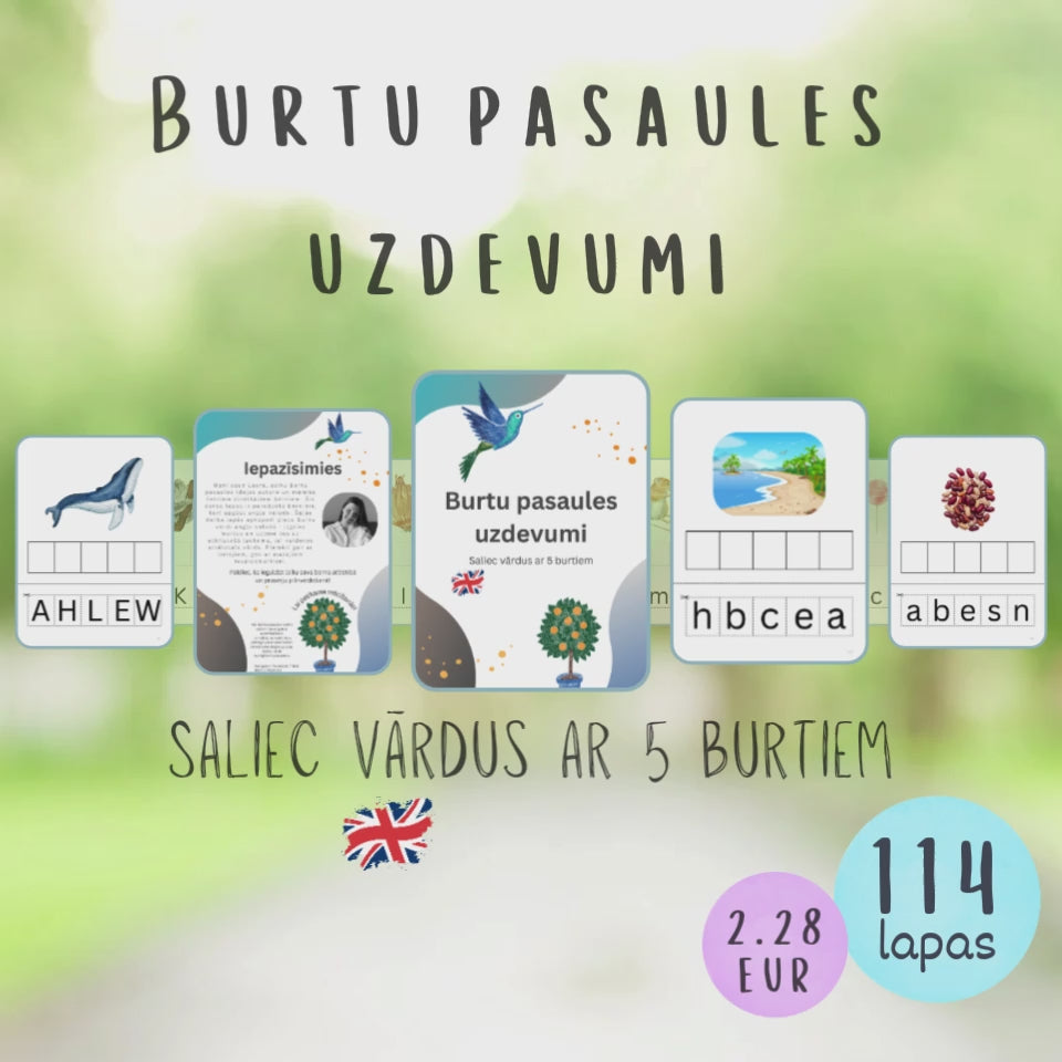 Burtu pasaules uzdevumi "Saliec vārdus ar 5 burtiem" angļu valodā, 114 darba lapas, piemēri gan ar lielajiem, gan ar mazajiem burtiem. VIDEO