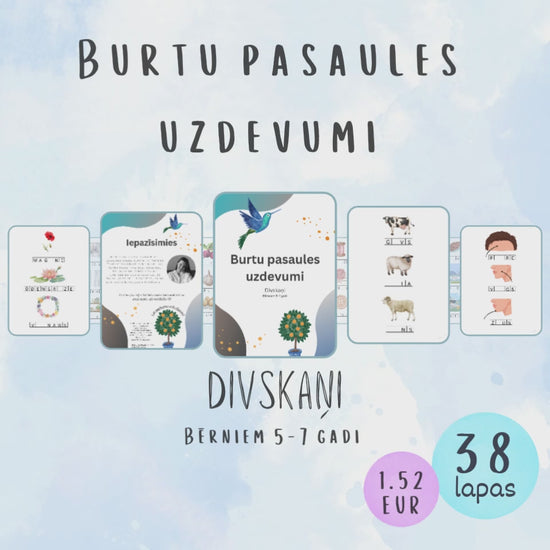 Iepazīsti, saklausi un izrunā pareizi divskaņus. 38 darba lapas ar 114 vārdiem, kuros jāieraksta trūkstošais divskanis.