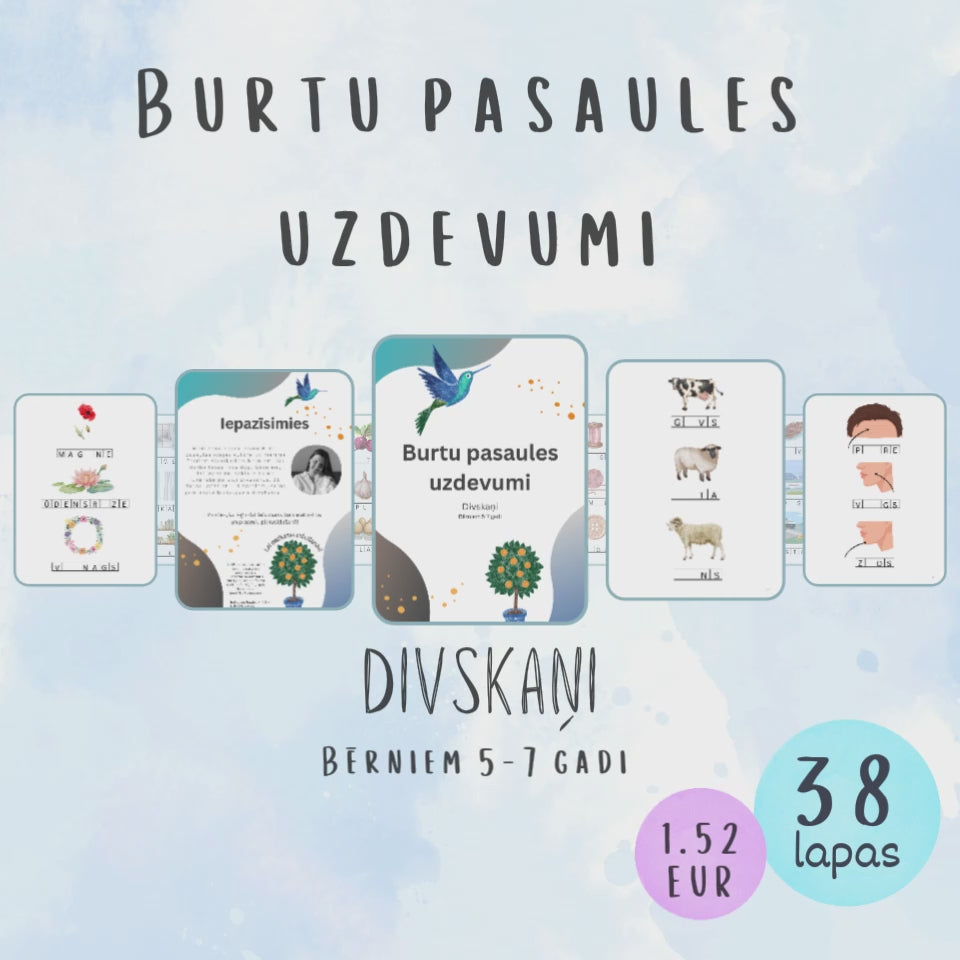 Iepazīsti, saklausi un izrunā pareizi divskaņus. 38 darba lapas ar 114 vārdiem, kuros jāieraksta trūkstošais divskanis.