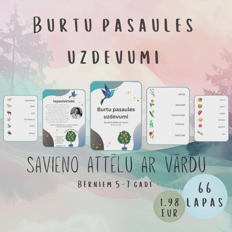 Uzdevumu "Savieno attēlu ar vārdu" video - lasītprasmes veicināšana un attīstīšana. Šajās darba lapās katram attēlam jāatrod savs nosaukums, un tie jāsavieno.