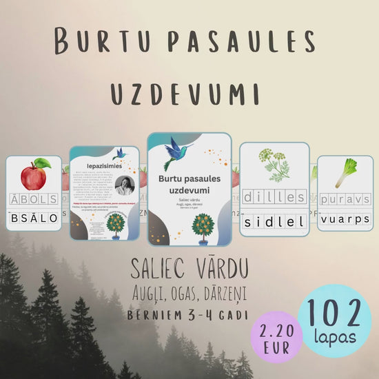 Burtu pasaules uzdevumi "Saliec vārdu. Augļi, ogas, dārzeņi" 3-4 gadus veciem bērniem, lai iepazīstinātu ar lielajiem un mazajiem iespiedburtiem. Šajās darba lapās jāizgriež burti, un tie jāuzlīmē uz atbilstošās burta ēnas, video.