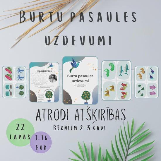 Burtu pasaules uzdevumi "Atrodi atšķirības" video - bērniem 2-3 gadi, 22 darba lapas, 88 piemēri.