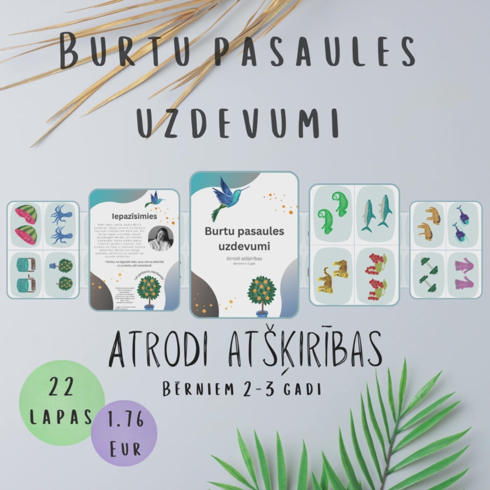 Burtu pasaules uzdevumi "Atrodi atšķirības" video - bērniem 2-3 gadi, 22 darba lapas, 88 piemēri.