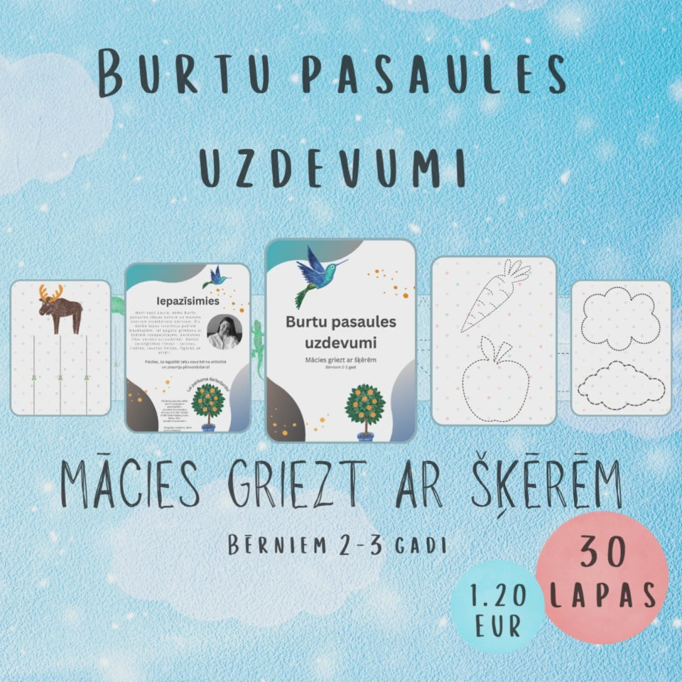 Uzdevumu "Mācies griezt ar šķērēm" video - mācies griezt taisnas, liektas, lauztas līnijas, figūras un attēlus.